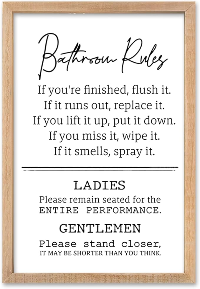 Bathroom Rules Wall Decor 16"×11" Restroom Toile Sign Humor Quotes for Bathroom Humorous Modren Restroom Wood Framed Wall Hanging Art (Wood）