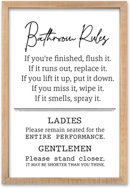 Bathroom Rules Wall Decor 16"×11" Restroom Toile Sign Humor Quotes for Bathroom Humorous Modren Restroom Wood Framed Wall Hanging Art (Wood）