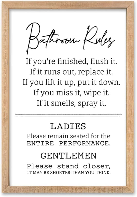 Bathroom Rules Wall Decor 16"×11" Restroom Toile Sign Humor Quotes for Bathroom Humorous Modren Restroom Wood Framed Wall Hanging Art (Wood）