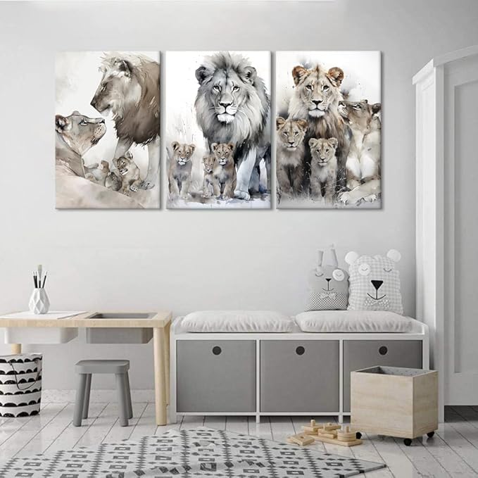 Lion Family Portrait Pictures Wall Decor Artwork Modern 3 Piece Lion Poster Wall Art Animal Canvas Paintings Living Room Home Office Decorations, Framed 72”W x 36”H