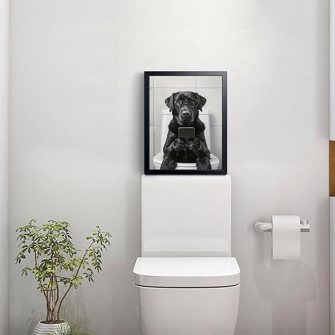 Black and White Bathroom Wall Art, Funny Labrador Dog Canvas Prints Poster, Cute Animal Sitting on Toilet Looking at Phone Picture, Modern Farmhouse Restroom Bathroom Home Wall Decor 12x16 Inch Framed