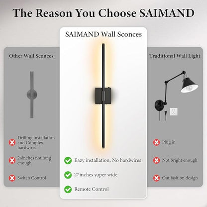 SAIMAND Wall Sconces Set of 2 Battery Operated, Wireless USB 8000mAh Rechargeable Wall Lights with Remote Control,3000K-6000K LED Dimmable Decor Lamp for Living Room,Bedroom,Hallway (27in Black)