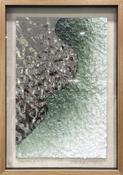 BrightA Embossed Metal Wave Wall Art - Hand-Painted Tissue Paper Gradient (Mist Green) and Silver 3D Wall Art, Contemporary Abstract Metal Sculpture for Living Room 27.5"x 39.4"