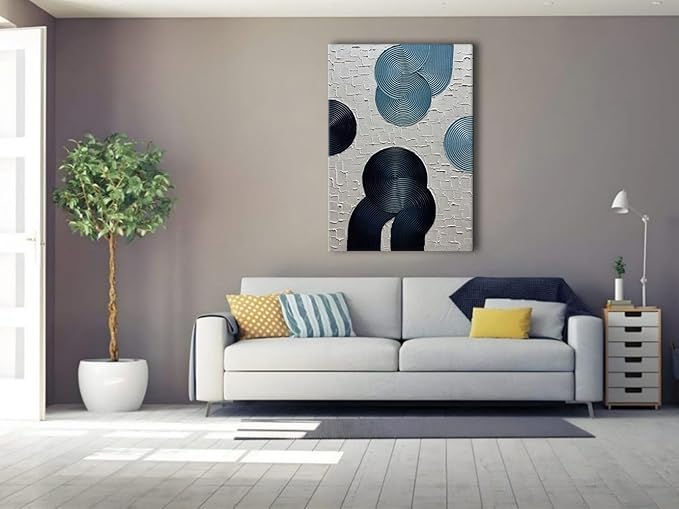 Slyart Blue and Black Abstract Textured Wall Art, Hand-Painted 3D Oil Paintings on Canvas Wall Art 40x28 inch Contemporary Art