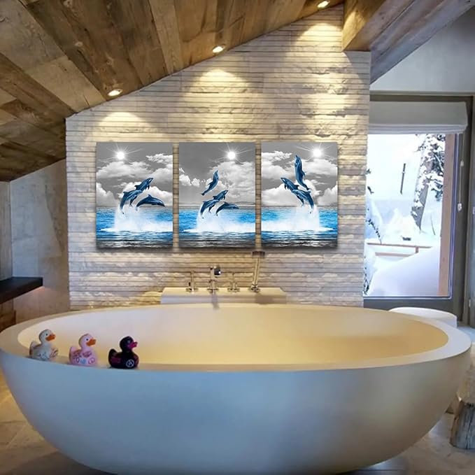 TTHYUEWS Canvas Wall Art For Bedroom Modern Wall Decor For Living Room Black and White Seascape Blue Ocean Wall Painting Animal Dolphin Abstract Pictures Artwork Bathroom Home Decor 3 Piece 12x16