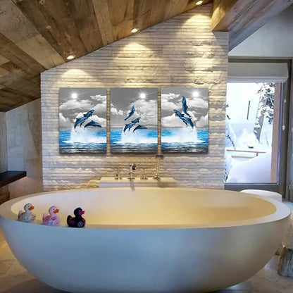 TTHYUEWS Canvas Wall Art For Bedroom Modern Wall Decor For Living Room Black and White Seascape Blue Ocean Wall Painting Animal Dolphin Abstract Pictures Artwork Bathroom Home Decor 3 Piece 12x16