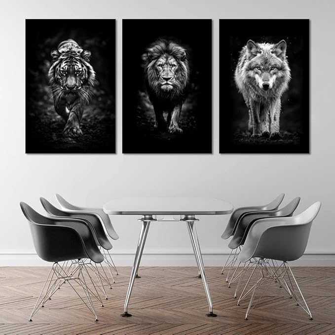 Black and White 3 Panles Pianting Wall Art Modern Home Office Decoration Animals Pictures Wall Decor Lion Tiger Wolf Posters Canvas Prints Art Living Room Decor, Framed 24" Wx36 Hx3pcs