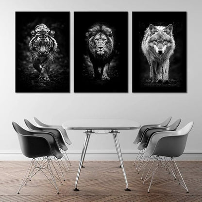 Black and White 3 Panles Pianting Wall Art Modern Home Office Decoration Animals Pictures Wall Decor Lion Tiger Wolf Posters Canvas Prints Art Living Room Decor, Framed 24" Wx36 Hx3pcs