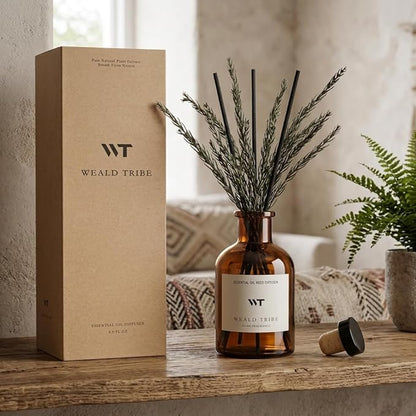 WEALD TRIBE Reed Diffuser Set for Bathroom Air Fresheners, Oil Diffuser Sticks with Flower | Balsam Fir Scent 4.0 fl oz Home Fragrance with Sticks Defusers | House Bedroom Office Shelf Decor