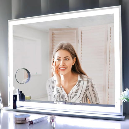 ANYHI Vanity Mirror with Lights, 28.3"x22.1" Tabletop Vanity Mirror with Lights and Stand, 3 Color Modes, 10X Magnification, Smart Touch Control, Wall Mount/Desk Mirror for Bedroom Makeup Room, Silver