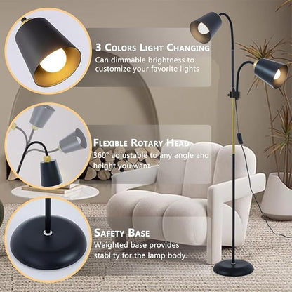 Floor Reading Lamp, Industrial Metal Floor Lamps for Living Room with Adjustable Bendable, 2 in 1 Reading Table Lamps for Living Room Bedroom Office, 12W Bulbs Included (White-2 Heads)