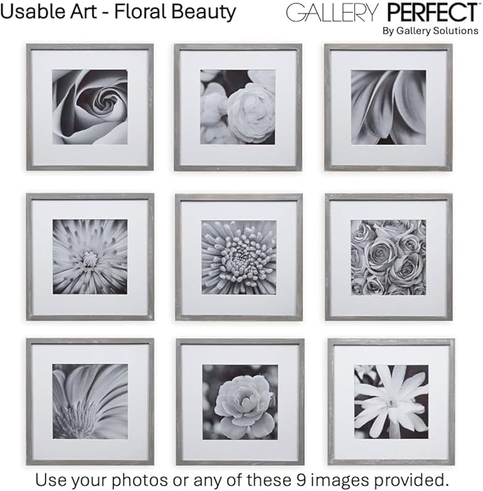 GALLERY PERFECT 12x12 Picture Frames, 9 Piece Set with Real Glass Cover for 8x8 Photos With Mat, Picture Frames Collage Wall Decor for Gallery Wall, Home Decor, Grey