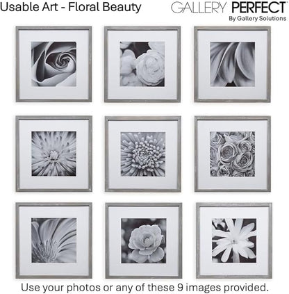 GALLERY PERFECT 12x12 Picture Frames, 9 Piece Set with Real Glass Cover for 8x8 Photos With Mat, Picture Frames Collage Wall Decor for Gallery Wall, Home Decor, Grey