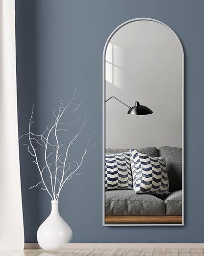 Prywot Arched Floor Mirror, 58" x 18" Full Length Wall Mirror Hanging or Leaning Arched-Top Full Body Mirror with Stand for Bedroom, Dressing Room, White