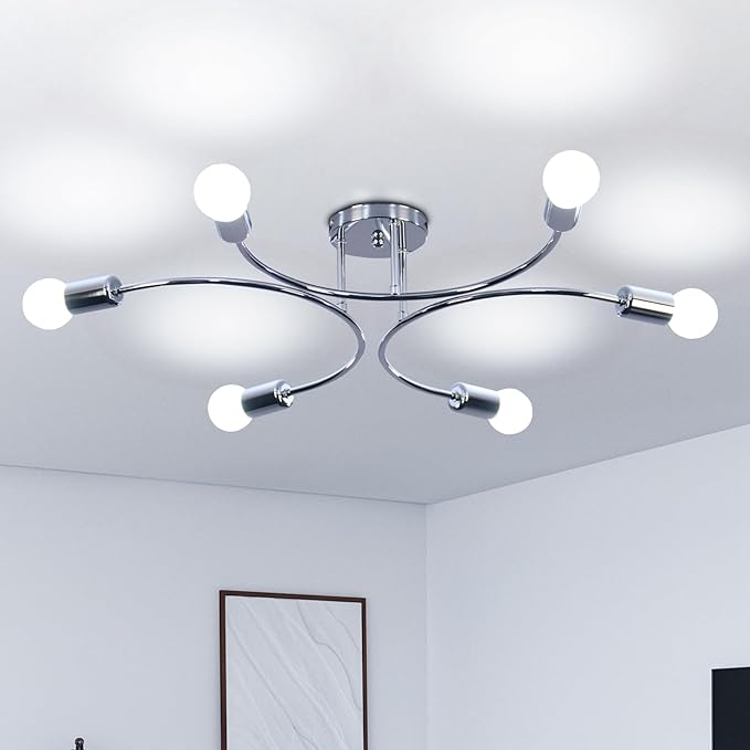 FRIXCHUR 6-Light Sputnik Chandelier, Sliver Mid-Century Modern Semi Flush Mount Ceiling Light, Metal Fixture with E26 Sockets for Bedroom, Living Room, Kitchen (Bulbs Not Included)