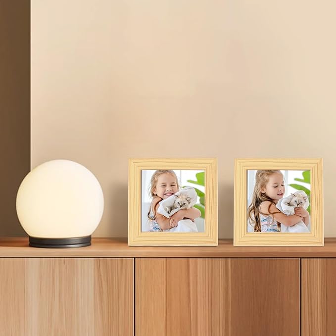 Egofine 4x4 Picture Frames Set of 4, Made of Solid Wood Covered by Plexiglass Display 4x4 for Table Top Display and Wall Mounting Photo Frame, Natural Wood