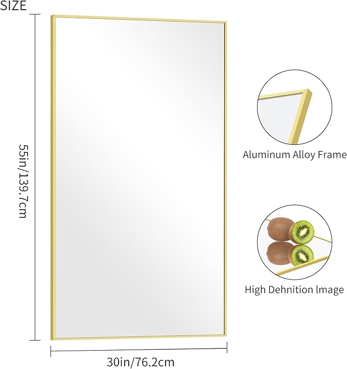 COFENY 30x55In Gold Bathroom Mirror for Wall, Brushed Gold Rectangle Mirrors with Metal Frame, Bathroom Rectangular Mirror Modern Wall Mirror for Bedroom Living Room, Hangs Horizontal or Vertical