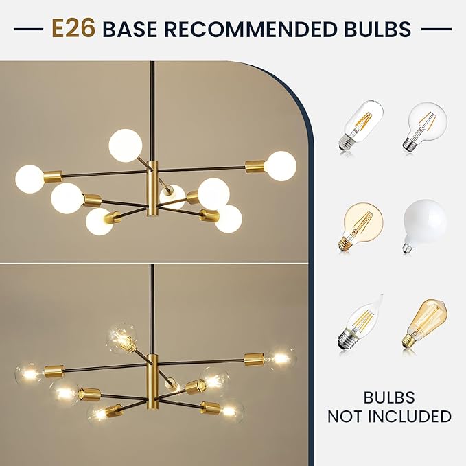 RUIYEY Modern Sputnik Chandeliers Black and Gold Mid Century Chandelier 8-Light Dining Room Light Fixture Height Adjustable Ceiling Lights Farmhouse Chandeliers for Kitchen Island Living Room