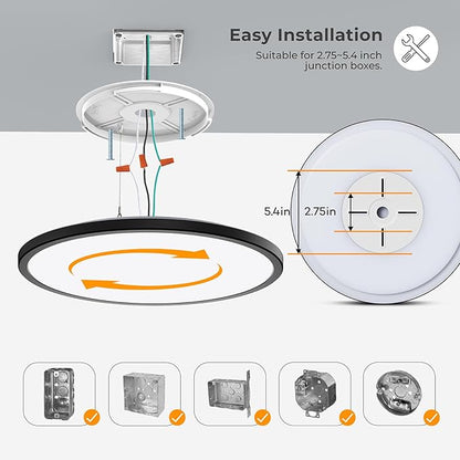 Matane 15.4in Dimmable LED Flush Mount Ceiling Light with Night Light, 36W Ceiling Lighting Fixture, 3000K/4000K/5000K Selectable, Low Profile Ceiling Lights for Bedroom, Kitchen, Hallway, Black