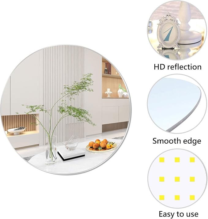 16'' Round Wall Mirror Circle Self Adhesive HD Large Glass Circle Mirror Tile for Wall, Bathroom, Bedroom, Living Room, Door etc
