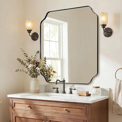 ANDY STAR 30x30 Inch Square Mirror, Matte Black Vanity Mirror, Modern Scalloped Bathroom Mirror in Premium Stainless Steel Metal Thin Frame, Unique Rounded Notched Corners