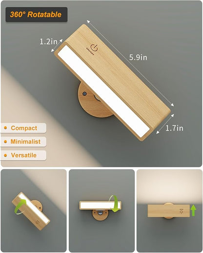 DetarZinLED Wooden Wall Sconce Battery Operated with Remote,Rechargeable Wall Lights for Bedroom with 3 Color Temperature, Magnetic, Stick-On, Dimmable Wall Reading Lights (Beechwood, 1 Pack)
