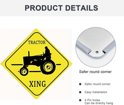 Funny Metal Warning Farmer Tractor Crossing XING Tin Sign Wall Décor Man Cave Bar Farm 12 X 12 Inch