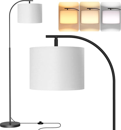 SIBRILLE Floor Lamp with Linen Shade, Arc Dimmable Tall Standing Lamp with Remote Control, Modern Floor Reading Light for Living Room Bedroom Office Corner, 9W LED Bulb Included