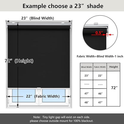AOSKY Cordless Roller Shades Blackout Blinds for Windows Room Darkening Rolled Up Shades with Spring System, UV Protection Window Shades Door Blinds for Home and Office (26" W x 72" H, Black)