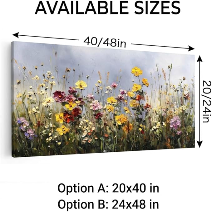 BQVCT Wildflower Meadow Canvas Wall Art 24x48 Inch Floral Botanical Painting Print on Framed Canvas Vibrant Colorful Garden Landscape Wall Decor for Living Room Bedroom Office