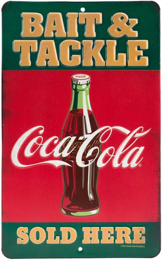 Coca-Cola Bait and Tackle Embossed Metal Sign - Vintage Coca-Cola Fishing Sign for Lake House, Cabin or Lodge