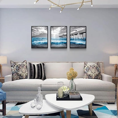 Black Framed Canvas Wall Art - Living Room, Bedroom & Office Decor - Blue Ocean Sea Wave Pictures - Modern Home Decor