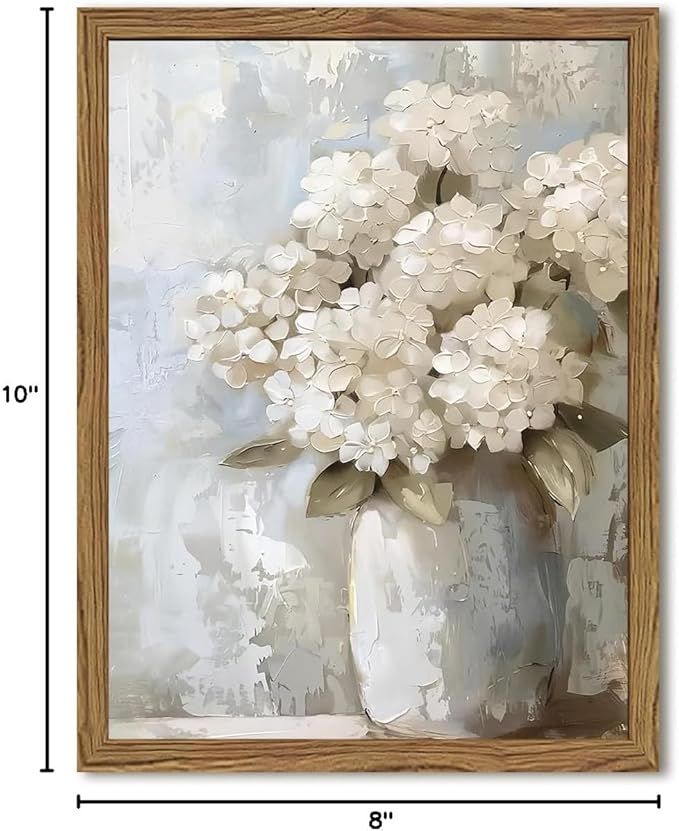 Framed Vintage Canvas Wall Art, White Hydrangea Floral Wall Decor Paintings, Flower Pictures Prints Aesthetic Home Decor for Living Room Bedroom Bathroom Office 8x10 inch