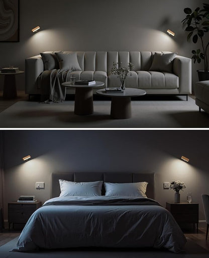 Wood Battery Operated Wall Sconces Set of Two, Magnetic Mini Wall Lights with 360° Rotation and Adjustable Brightness, Stick-On Mount for Bedside, Hallway, Living Room (2Pack Beech Wood)