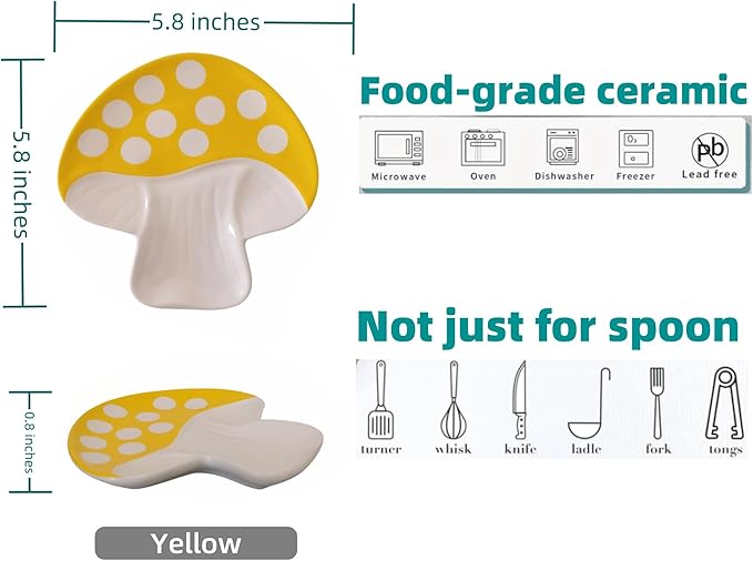 Ceramic Spoon Rest for Stove Top & Kitchen Counter Spoon Holder for Stove & Cooking Spoon Holder for Ladle Cute Spoon & Utensil Rest Tong Spatula Rest, Mushroom Kitchen Decor & Accessories (Yellow)