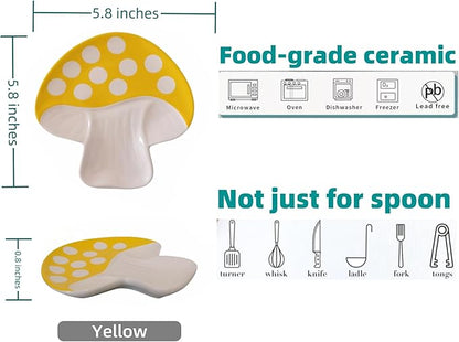 Ceramic Spoon Rest for Stove Top & Kitchen Counter Spoon Holder for Stove & Cooking Spoon Holder for Ladle Cute Spoon & Utensil Rest Tong Spatula Rest, Mushroom Kitchen Decor & Accessories (Yellow)
