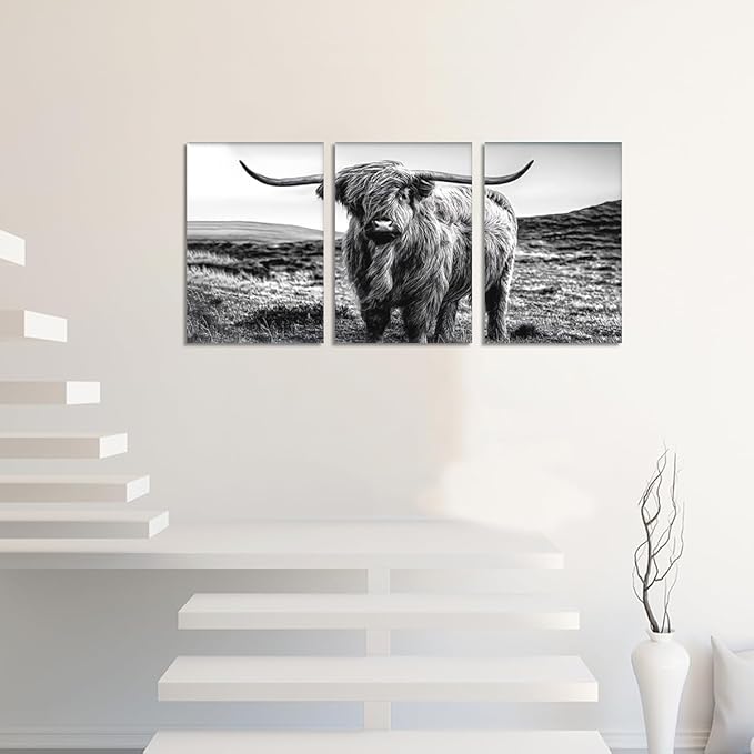 Yatsen Bridge Vintage Highland Cow Canvas Wall Art Black and White Hairy Cow Poster Farmhouse Animal Rustic Art Wall Decor for Apartment Living Room Bedroom Country House Decor 12x16inchx3pcs