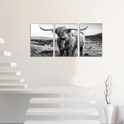 Yatsen Bridge Vintage Highland Cow Canvas Wall Art Black and White Hairy Cow Poster Farmhouse Animal Rustic Art Wall Decor for Apartment Living Room Bedroom Country House Decor 12x16inchx3pcs