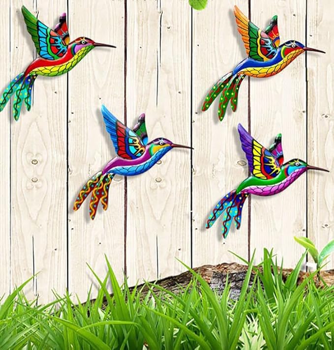 4 Pack Outdoor Garden Wall Art Decor Metal Hummingbird, 3D Colorful Garden Birds Sculpture, Metal Hand Made Bird Wall Art Decorations for Fence Patio Balcony Living Room