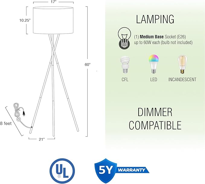Kira Home Sadie 60" Modern Tripod Floor Lamp with Gray Linen Drum Shade, Mid Century Cross-Leg Standing Light with 9W LED Bulb, Brushed Nickel Finish