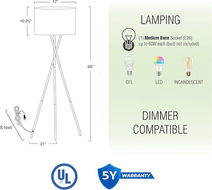 Kira Home Sadie 60" Modern Tripod Floor Lamp with Gray Linen Drum Shade, Mid Century Cross-Leg Standing Light with 9W LED Bulb, Brushed Nickel Finish
