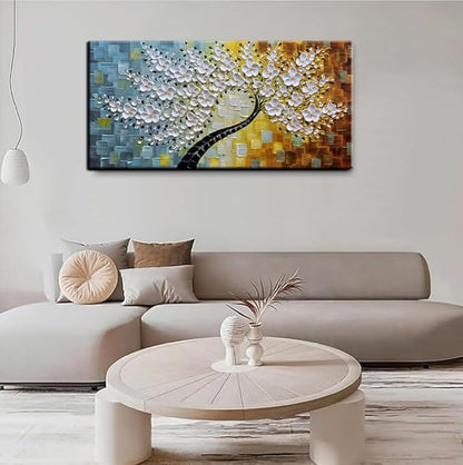YaSheng Art - Wall Art Oil Painting ,100% HandPainted 3D Texture Wall Art Artwork White Flower Tree Paintings ,Abstract Canvas Wall Art ,Bedroom Dining Room Living Room Modern Wall Art Decor Home , Framed Wall Art Picture 24x48inch