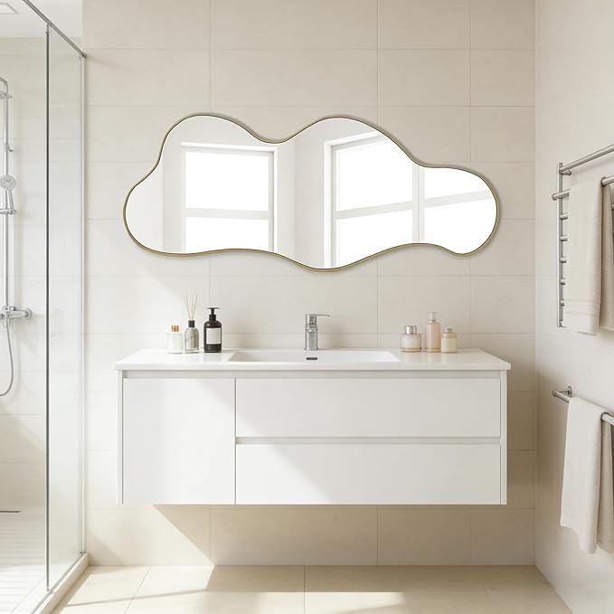 POZINO Irregular Wall Mirror, 39.3"x16" Asymmetrical Mirrors, Cloud Shaped Mirror, Gold Modern Abstract Frameless Mirrors for Bathroom Living Room Bedroom Entryway Hallway
