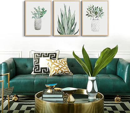 Natural Wood Framed Wall Art Painting For Dining Room Family Wall Decor For Bedroom Kitchen Wall Decoration Living Room Decor Green Leaf Pictures Artwork For Home Walls 3 Piece Framed Art Prints