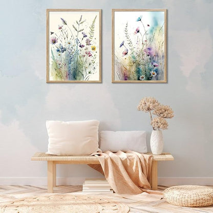 Framed Colorful Flowers Bathroom Wall Art Decor, Blue Floral Picture Canvas Print White Daisy Painting Artwork for Bedroom Office Decoration 12"x16"x2 Panels