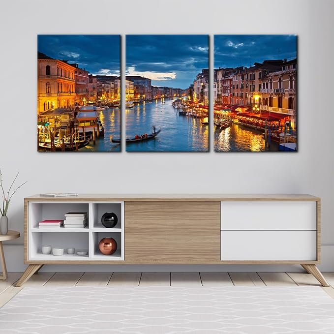 Pacimo 3 Piece Venice Night View Giclee Canvas Prints Wall Art Italy Venice Grand Canal at Night Picture Painting Print on Canvas Poster Modern Artwork Stretch and Framed Ready to Hang - 20"x28"x3
