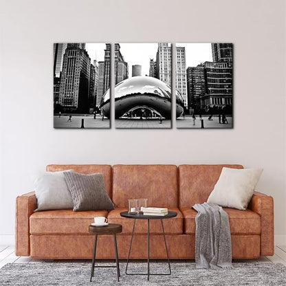 3 Pieces Black and White Wall Art - The Millennium Park in Downtown Chicago Photograph Picture Print on Canvas - Cloud Gate Canvas Wall Art for Modern Home Decor Ready to Hang - 16"x24"x3 Panel