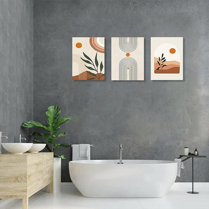 Boho Wall Art Set of 3, MidCentury Modern Wall Prints Framed Canvas Paintings Minimalist Abstract Geometric Beige Orange Moon Plant Desert Nature Illustrations Artwork, Boho Wall Decor Ready To Hang