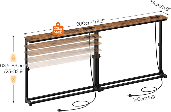 HOOBRO Narrow Console Table Set of 2 with Charging Station, Adjustable Height Sofa Table (25''-32.9''), Slim Behind Couch Table for Small Spaces, Entryway, Living Room, 78.8" Rustic Brown BF95UXGP201