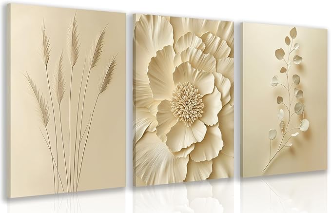 GELDSTEI Neutral Beige Floral Canvas Wall Art, Modern Minimalist Botanical Wall Decor, Vintage Beige Elegant Flower Poster Prints for Living Room Bedroom Framed Set of 3, Each 12x16 Inch